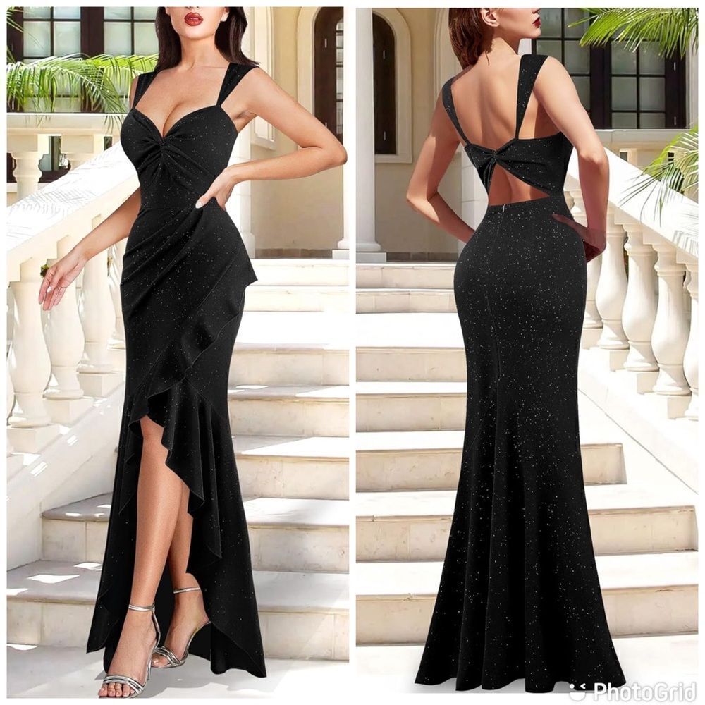 VFSHOW Glitter Sweetheart V Neck Twist Front Backless Ruched Ruffle Slit Gown